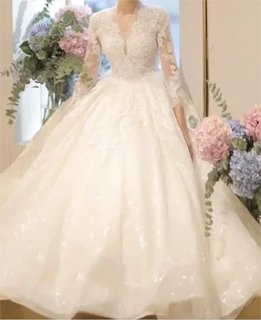 2023 Prabangūs Naujos V-kaklo Gėlių Nėrinių Kamuolys Suknelė Vestuvių Suknelė ilgomis Rankovėmis Princesė Vestuvių Suknelės Vestido De Noiva