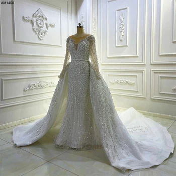 AM1400 Prabanga Long Sleeve V-kaklo Visą Duobute China Nėrinių 2 In 1 Undinė Vestuvių Suknelė