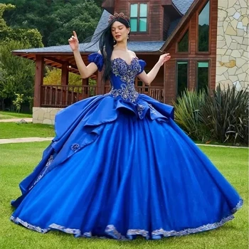 ANGELSBRIDEP Blizga Royal Blue Quinceanera Suknelės Satino Appliques Pakopų Princesė Brithday Šokių Grupė Vestido De 15 Años