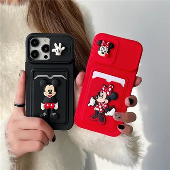 Animacinių filmų Disney Mickey Mouse Kortelės Laikiklio Angą Piniginės Objektyvas Apsaugoti telefono dėklas skirtas iPhone 12 13 11 14 15 Pro Max X Minkštas galinį dangtelį