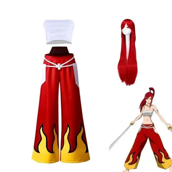 Cosplay Kostiumų Anime Cosplay (Alosa Cos Moterų Japonų Anime Vaidmenį Erza Scarlet Kostiumas Kelnės Baltos Vamzdžių Viršūnes Raudona Kietas Nustatyti Perukas