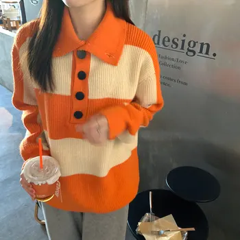 Kad įmonė siūlo ~ prašmatnus Korėja derliaus stripe polo užsegimas megztiniai megztinis palto atlapų