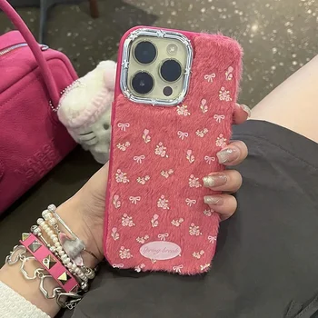 Mielas Pink Gėlių Pliušinis Telefono dėklas Skirtas iPhone 15 12 13 14 Pro Max 11 Mergaitė Žiemos Furry Padengti Electroplated Objektyvas Gynėjas Atvejais