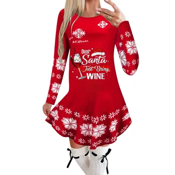 Moterų Kalėdų Rudens-Žiemos Mados Ponios Atostogų Mini Suknelės Spausdinti Apvalios Kaklo Ilgio Rankovėmis Atsitiktinis Seksualus Suknelės