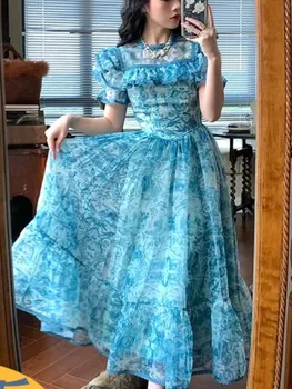 Prancūzijos Derliaus Akių Puffle Rankovių Vasaros Suknelė Princesė Rūmų Suknelė Mėlyna Šalis Suknelė gimtadienio suknelė moterims prom dress