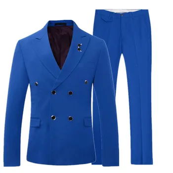 Royal Blue Dvigubo Breasted Dizaino Kostiumai Vyrams Vestuves Verslo Smokingas Kostiumai Pagal Užsakymą Pagaminti 2 Gabalas Švarkas Terno Masculino