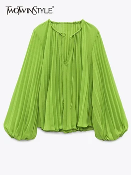 TWOTWINSTYLE Prarasti Green Marškinėliai Moterims Apvalios Kaklo Žibintų Rankovės Kietasis Minimalistinio Palaidinės Moterų Mados Pavasario Drabužių Stilius
