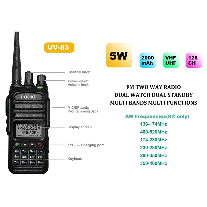 2VNT Iradio ABS UV-83 Pilna Juosta 5W VHF/UHF 1800mAh Nešiojamą Ham Radio AM/FCC/NOAA Funkcijų5