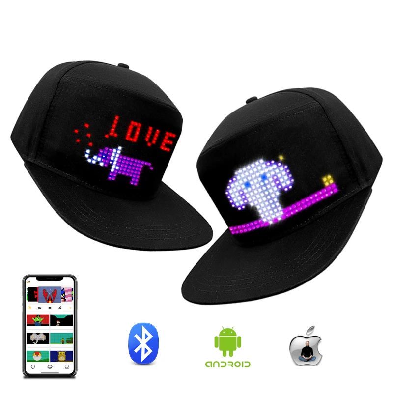 Naują RGB Spalvų Mirksinčios LED Skrybėlę APP Programuojamas LED Pranešimų Ekrane Skrybėlės Animacinis Tekstas Ekrane Naktį Šviesos diodų (LED Kepurės ir Skrybėlės0