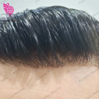 Gamtos Valsčiaus 100% Vyrai Žmogaus Plaukų Perukas Toupee Protezavimas Kapiliarų Patvarus Švirkščiamas Visą Pu 0,1 mm Bazės Šilkiniai Straight/Banga Perukas