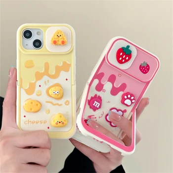 Korėjos mielas 3D sūris braškių push-pull kameros apsaugos atveju iPhone 11 12 13 14 Pro Max nematomas laikiklis silicon cover