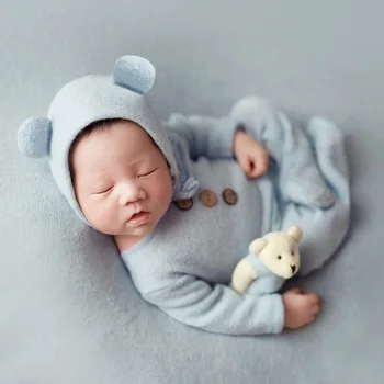 Naujas Naujagimio Fotografijos Drabužių vienos Lyties Kūdikis Crewneck Minkštas Megzti Šiltas Onesie Skrybėlę Cute Lėlės Panda Trijų dalių Rinkinys Kūdikių Namuose Nustatyti