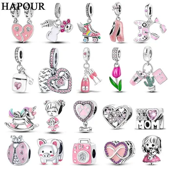 Pakabukai 925 Silver Pink Serijos Bateliai Mielas Širdies Gėlių Katė Tinka Originalus Pandora Apyrankė 
