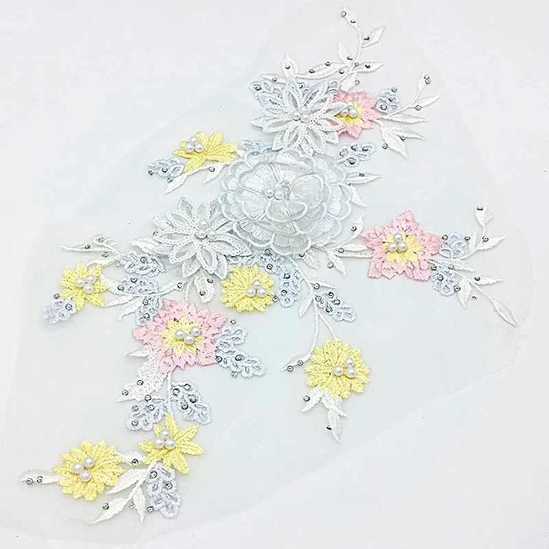 China siuvinėjimo Audinys Pleistras 3D Gėlės Medžiaga Appliques Pearl Puošnios Nėrinių Siuvimo Dėmės 