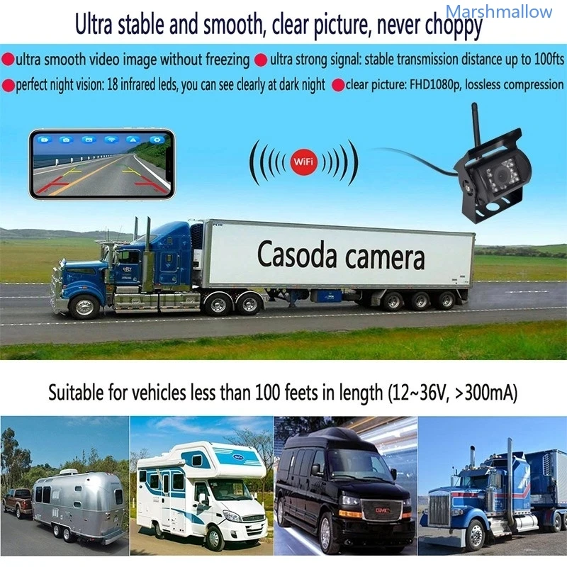HD Transporto priemonių Atbulinės eigos Kamera Belaidė Galinio vaizdo Kamera, WiFi Plataus Kampo Naktinio Matymo Autobusų Sunkvežimių Cam Vandeniui Automobilio vaizdo Kamera5